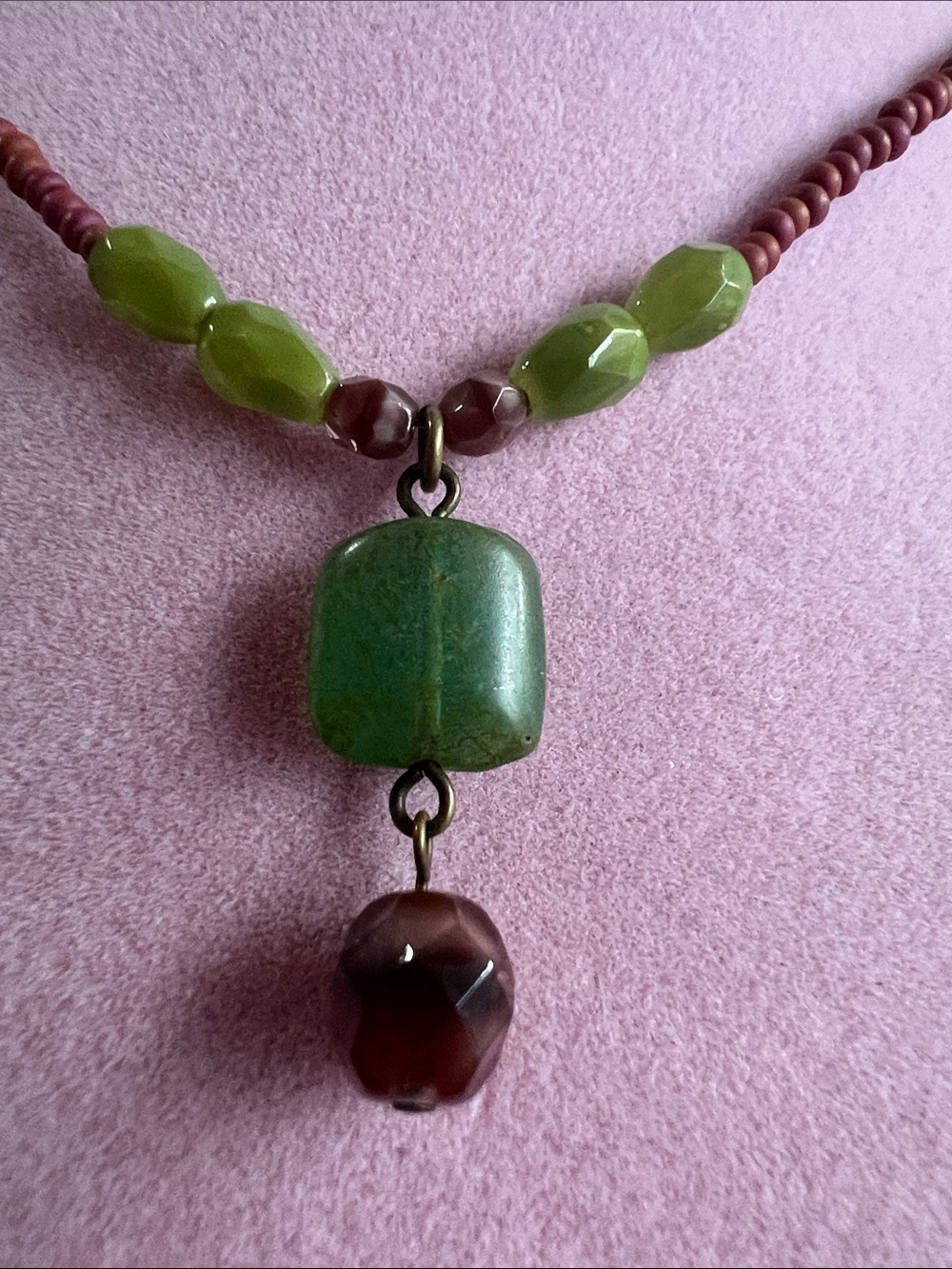 Green and Brown Beaded Pendant Necklace by